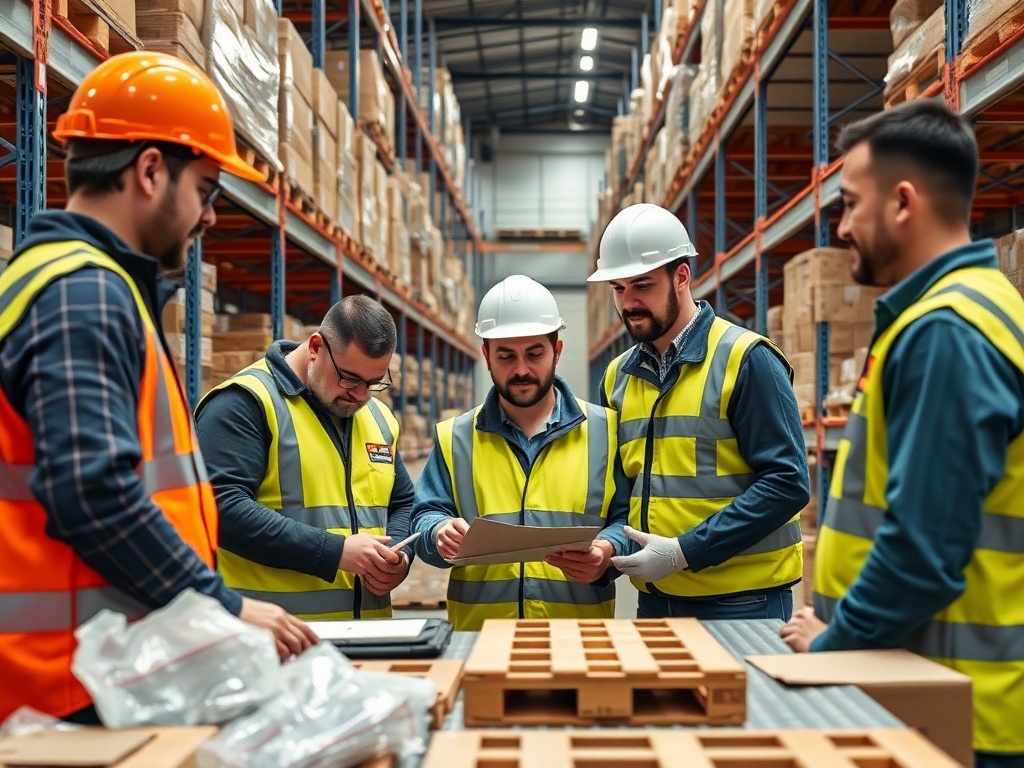 team of warehouse workers training on new logistics software