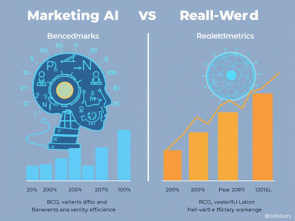 illustration comparing marketing AI benchmarks vs real-world efficiency metrics