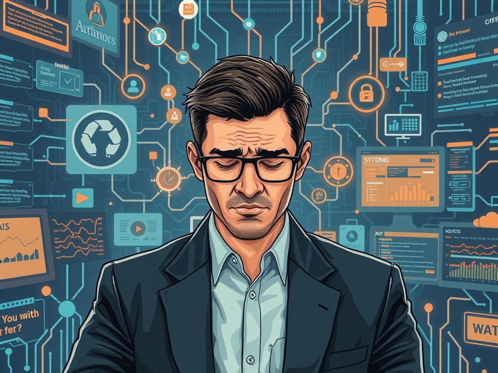 illustration of a stressed professional surrounded by AI systems and data streams