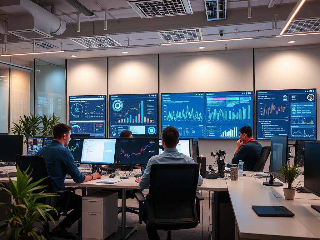 office workspace with AI dashboards and team members analyzing data