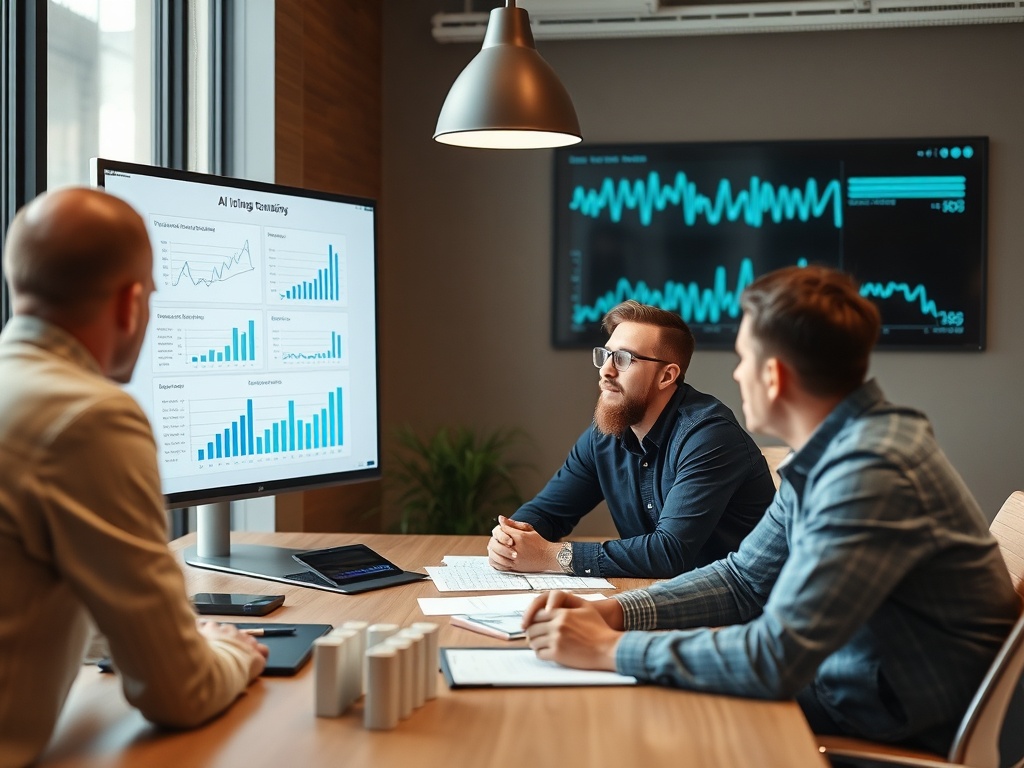 team meeting discussing AI integration with charts and performance metrics