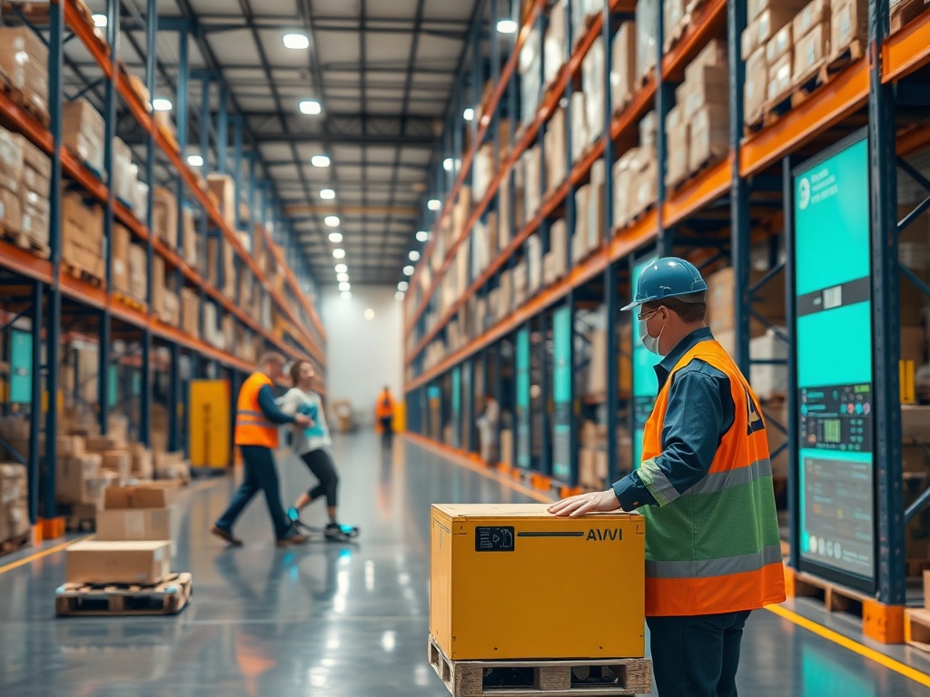 warehouse floor with AI-assisted logistics and human operators