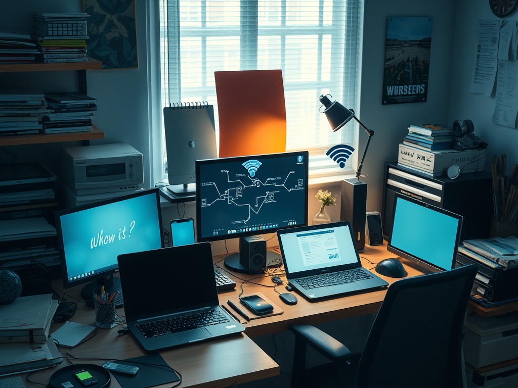 a cluttered home office desk with multiple devices struggling on slow wifi, subtle frustration, realistic lighting