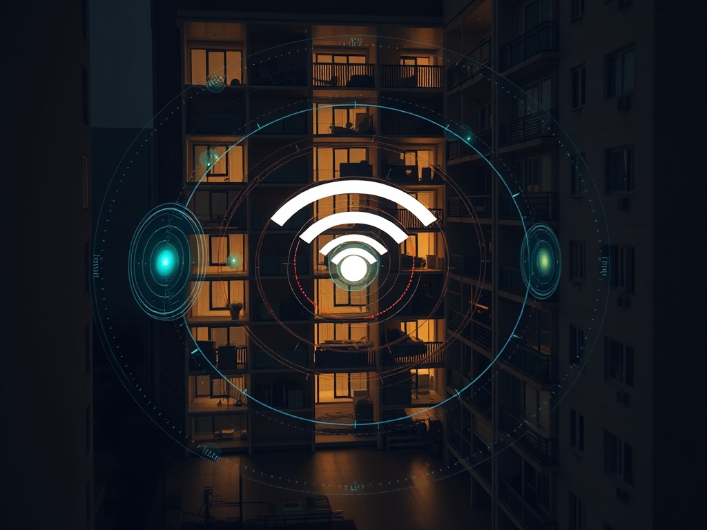 apartment building with overlapping wifi signals visualized, interference patterns, technical style