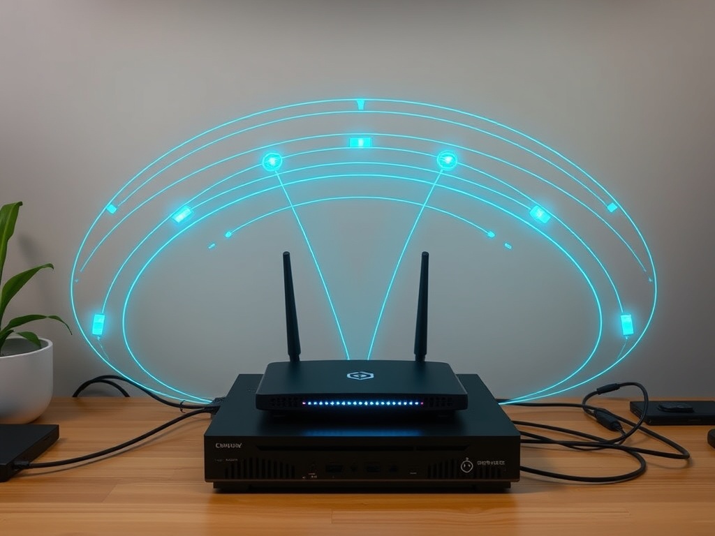 modern home network setup with router centrally placed, clean cable management, strong signal visualization
