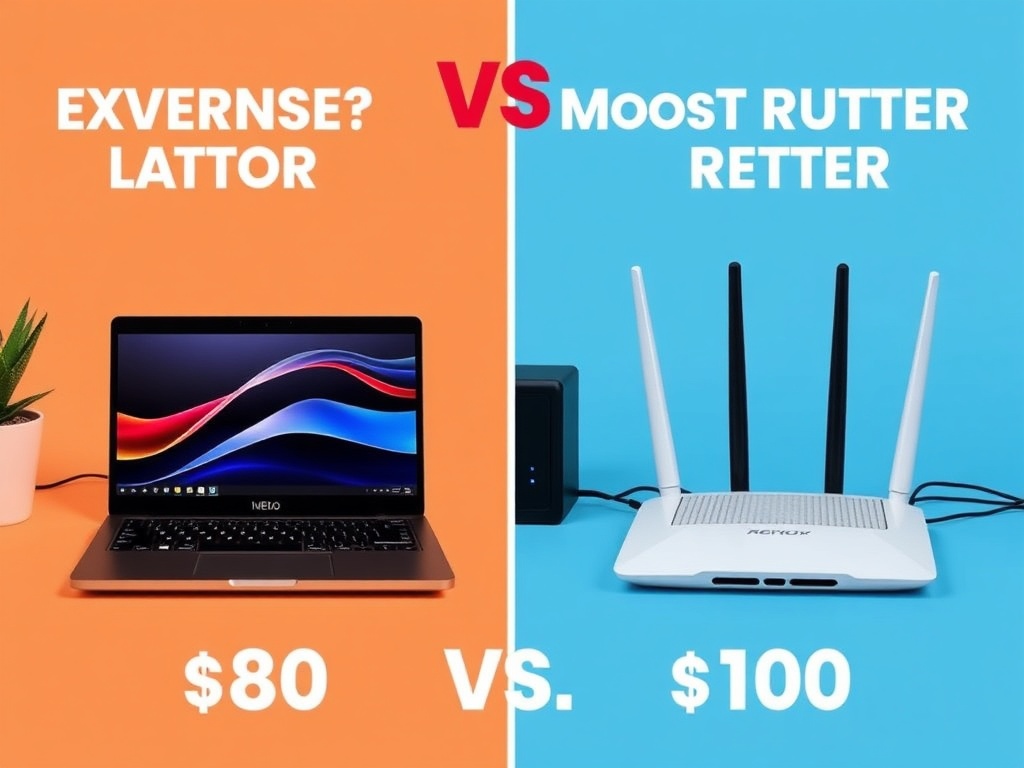 side by side comparison of expensive laptop vs modest router setup, highlighting cost vs performance value