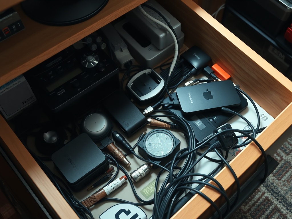 cluttered tech drawer with unused gadgets, cables tangled, realistic lighting