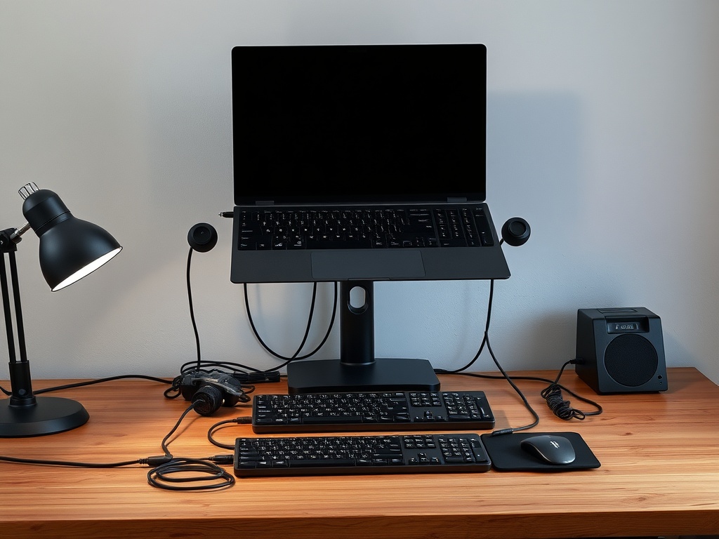 minimal workstation setup with laptop dock, cables neatly organized, industrial desk, realistic lighting