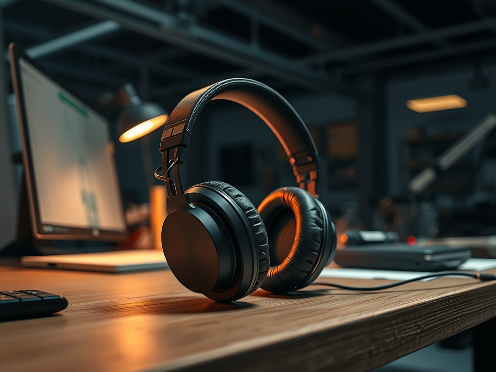 over ear headphones on desk, industrial workspace, moody lighting, no logos