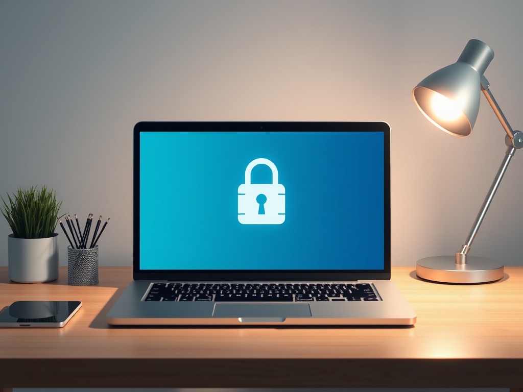 secure digital workspace, laptop with lock icon concept, minimal desk, realistic lighting