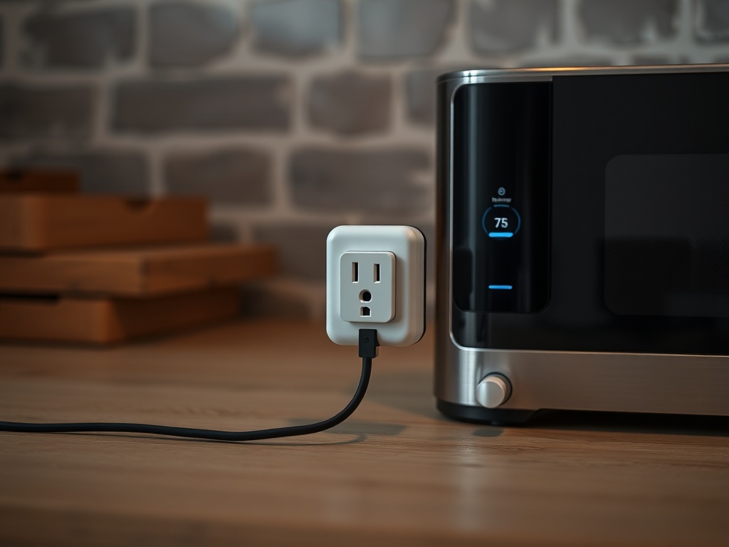 smart plug connected to appliance, industrial home setup, no branding, realistic lighting