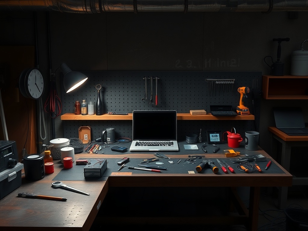 workbench desk with tools, laptop, cables, industrial lighting, realistic shadows, no logos