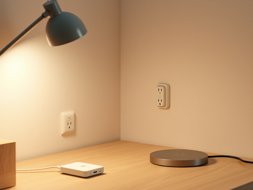 a minimal desk setup with a smart plug controlling a lamp, realistic lighting, practical environment