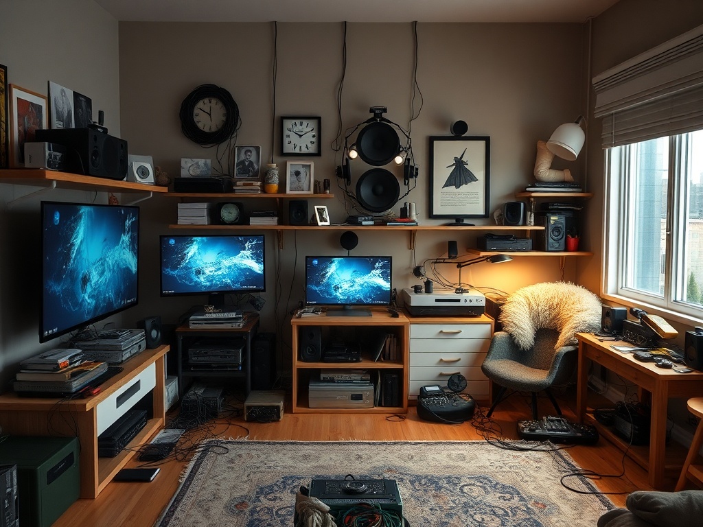 cluttered smart home setup with too many devices, cables, and screens, chaotic scene