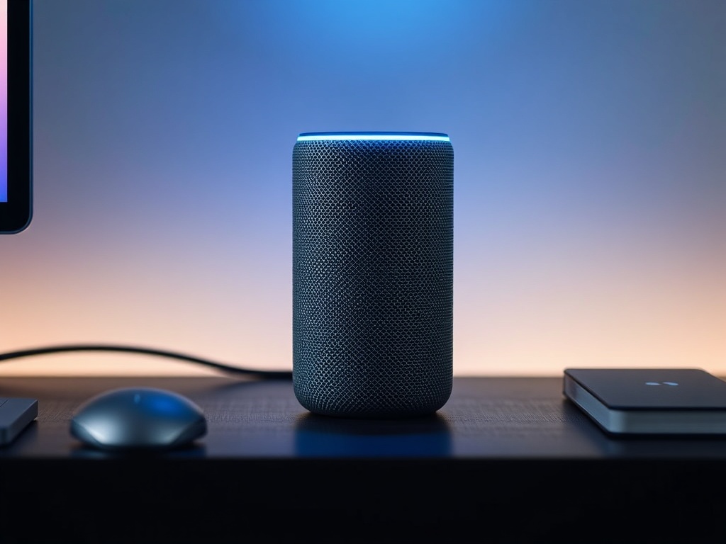 compact smart speaker on a desk with subtle lighting, minimal setup