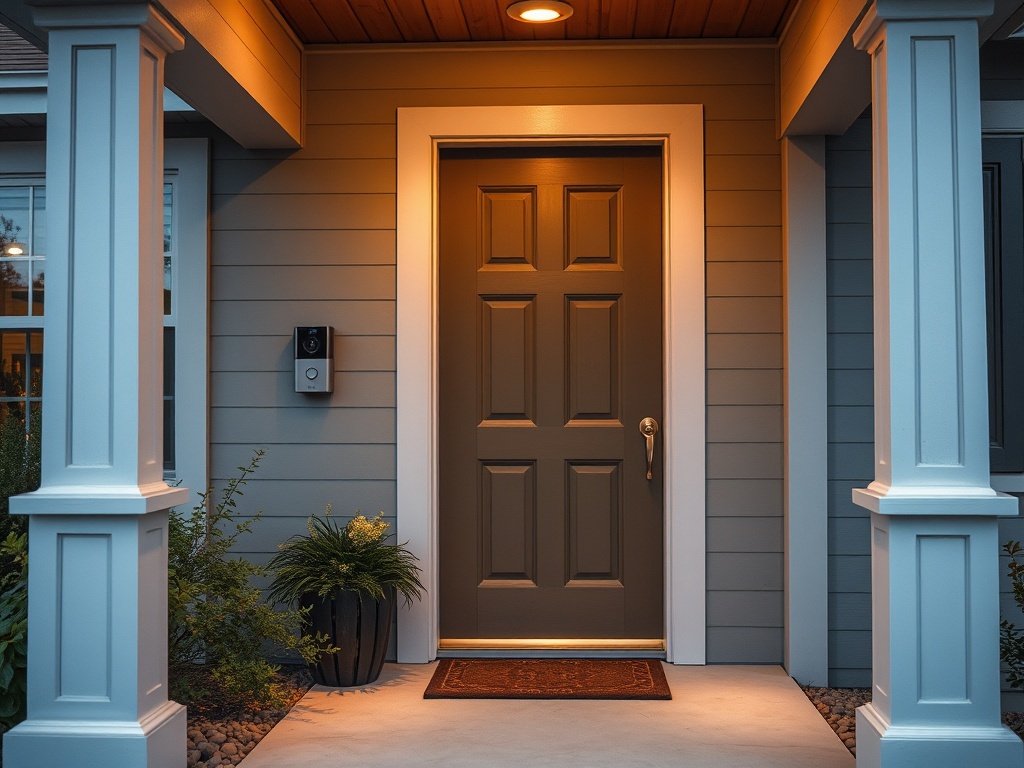 front door with a modern video doorbell, suburban home, realistic lighting