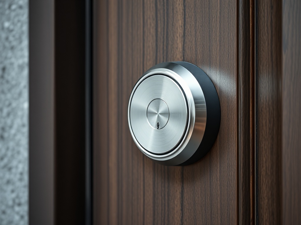 modern smart lock installed on a front door, close-up detail, realistic texture