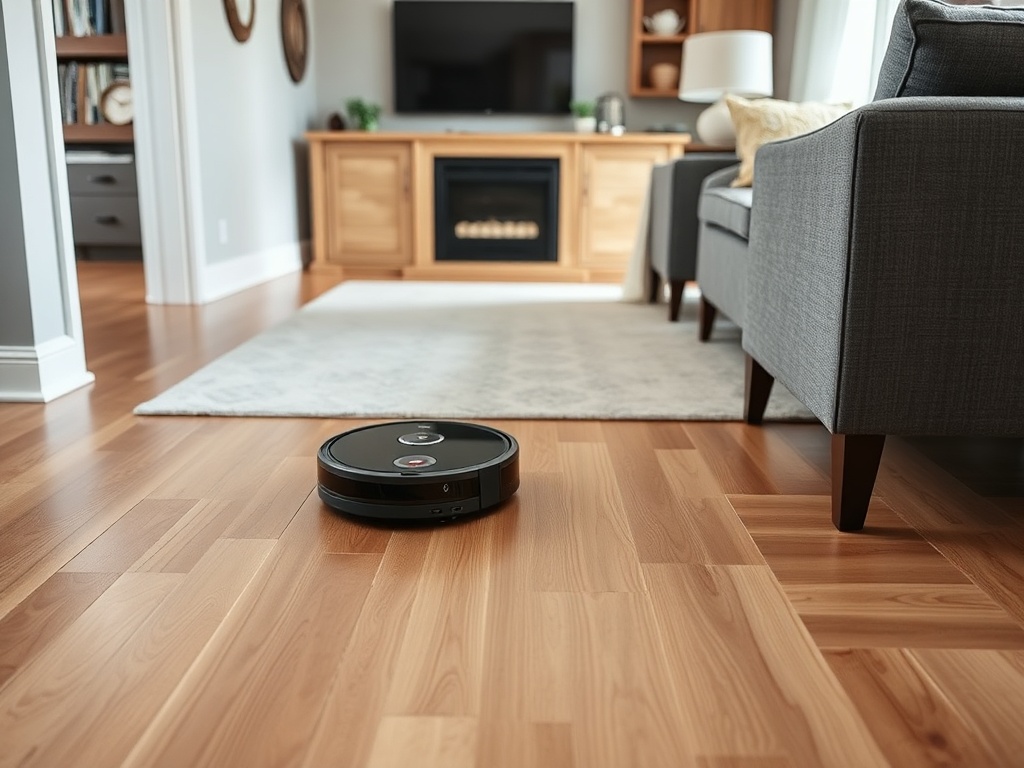 robot vacuum navigating a clean hardwood floor with furniture, realistic home setting