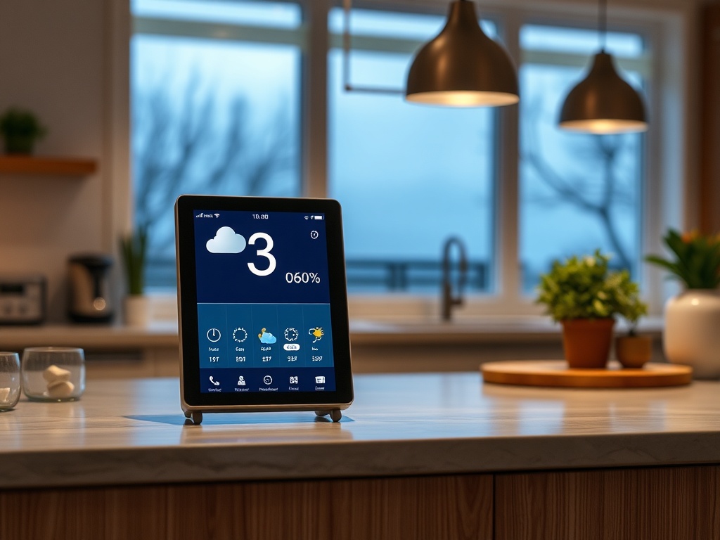 smart display on a kitchen counter showing weather and calendar, realistic home environment