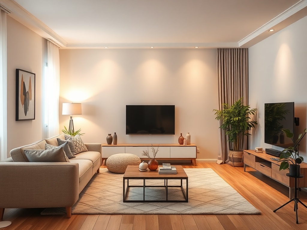 warm white smart lighting in a living room, no flashy colors, practical lighting setup