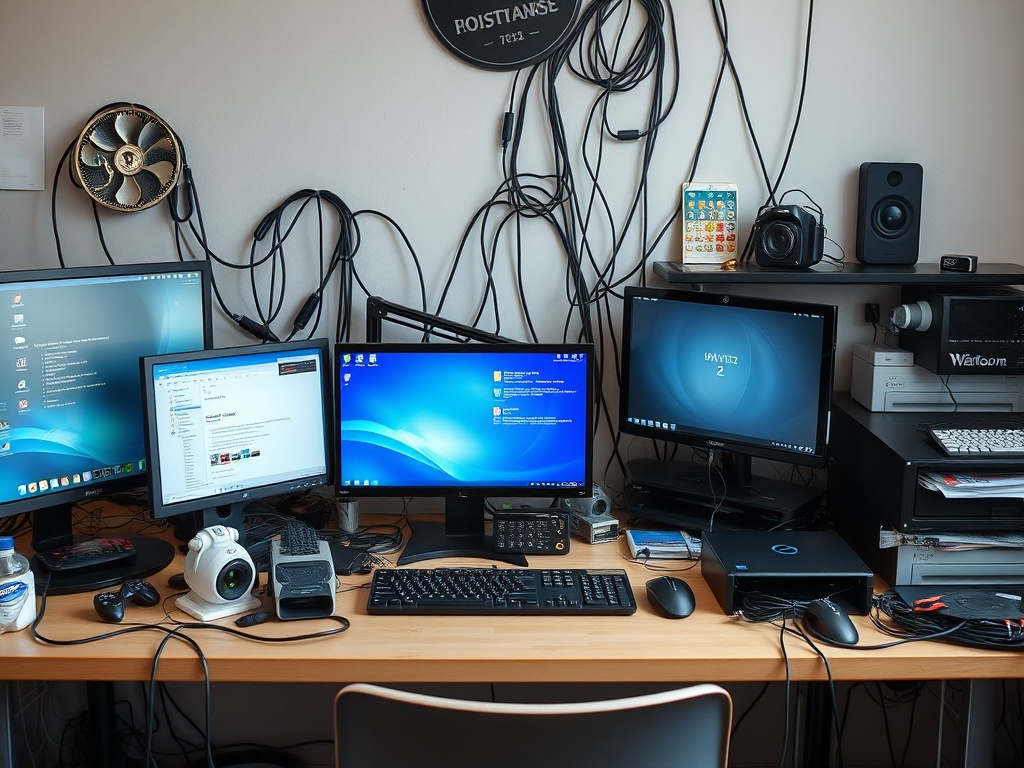 a cluttered desk with cables, monitors, and tech gadgets in need of organization