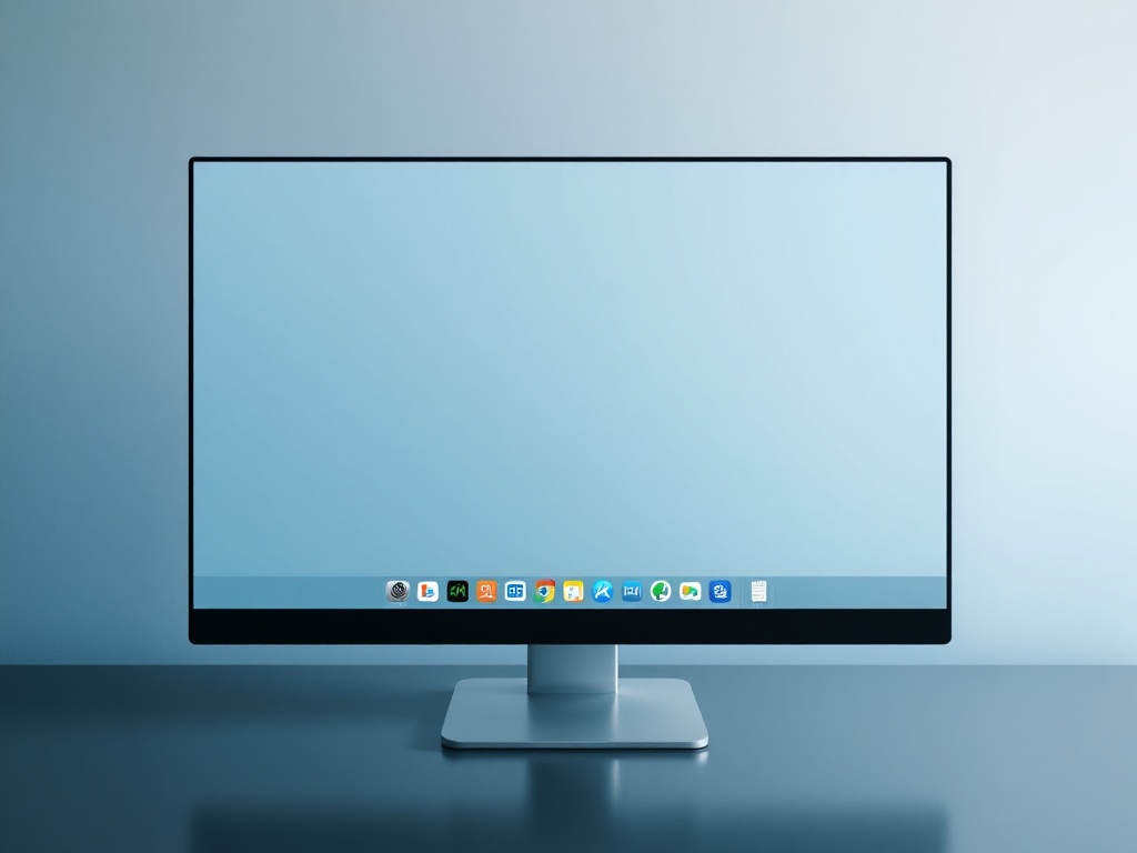 computer screen with minimal desktop, software icons arranged neatly