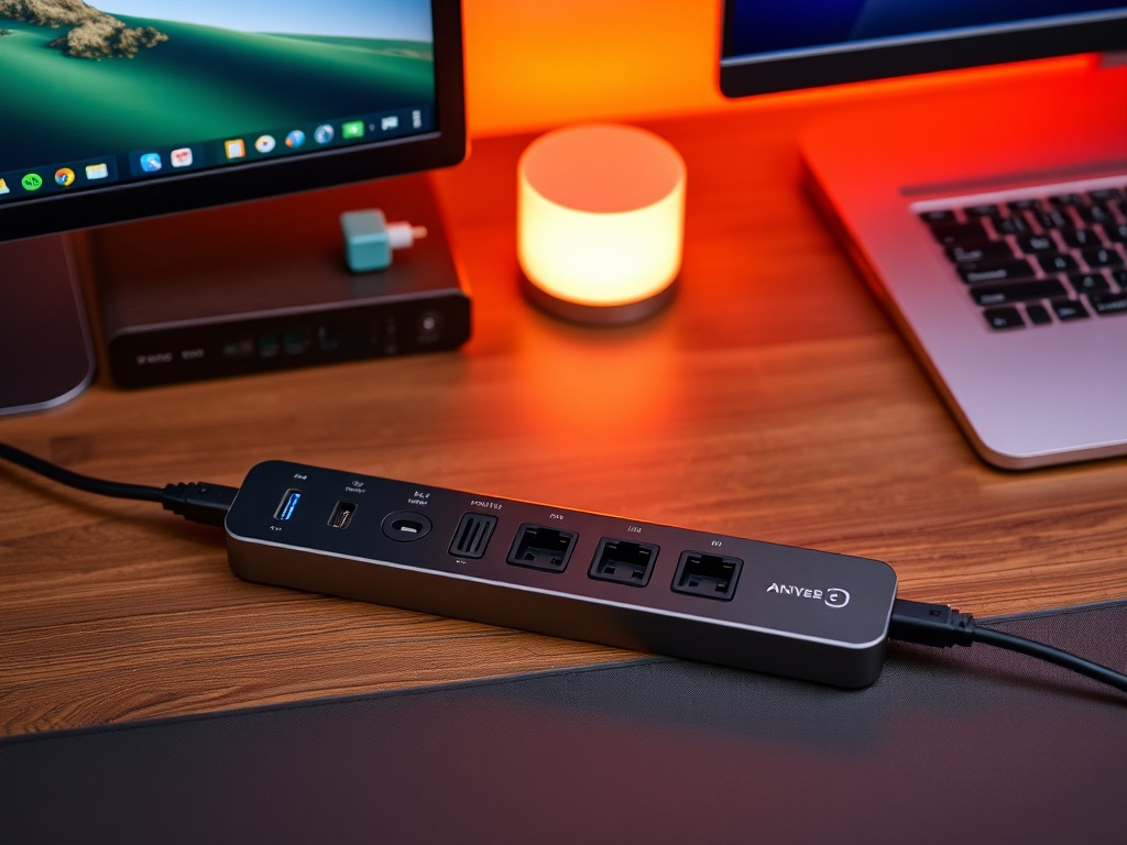 desk power strip with multiple USB-C and AC outlets, organized