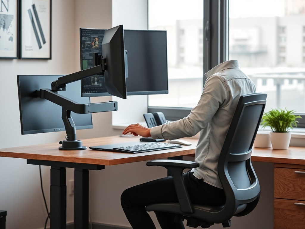 ergonomic office setup with adjustable chair and monitor arm