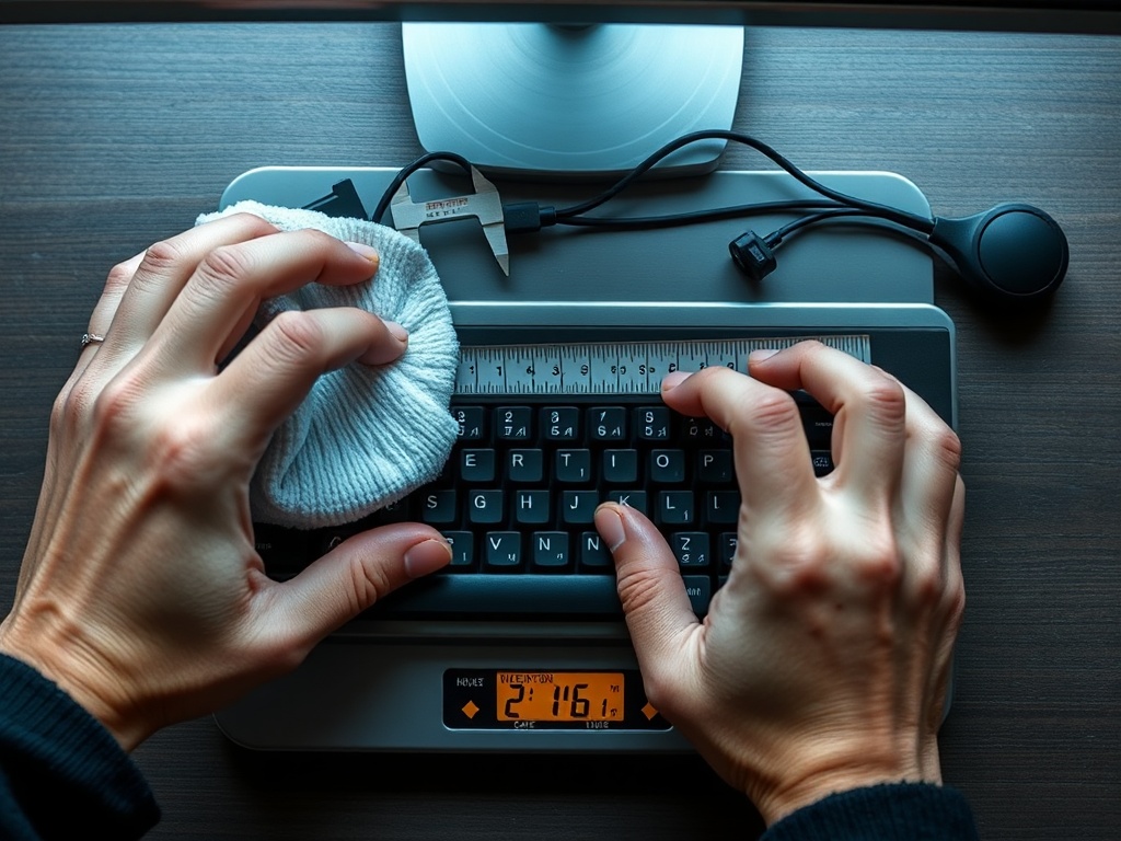 hands cleaning keyboard, measuring peripherals on scale