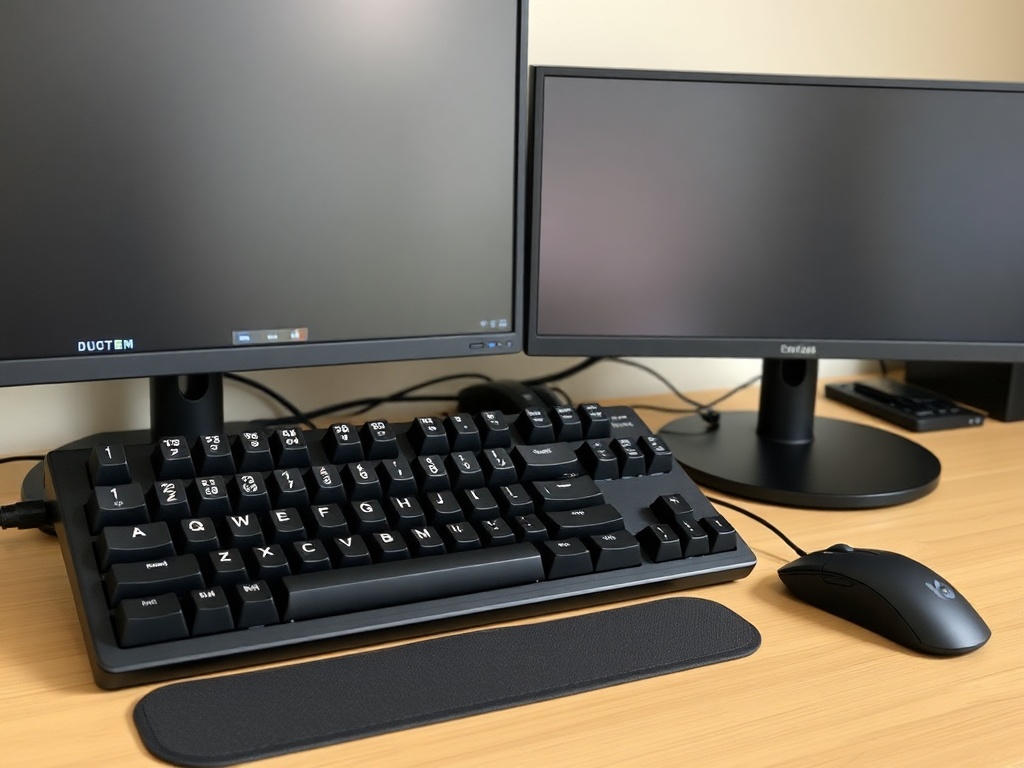 mechanical keyboard, ergonomic mouse, dual monitor setup