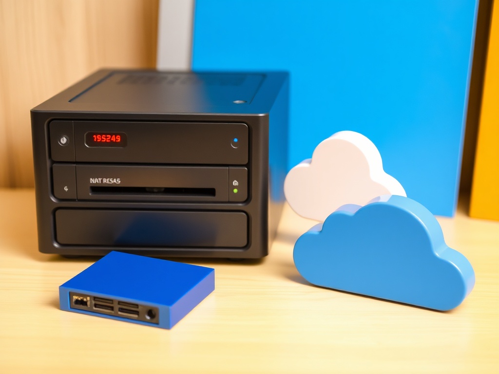 SSD drives, NAS units, cloud sync icon on desk
