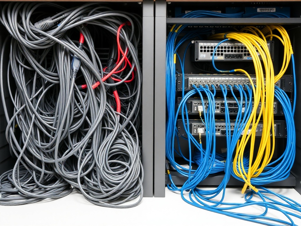 tangled cables versus organized cable management with hubs