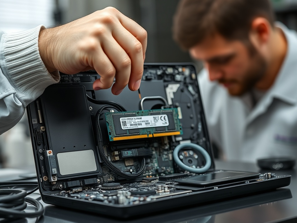 A technician working on a laptop's internals, showing off its components like RAM and cooling system