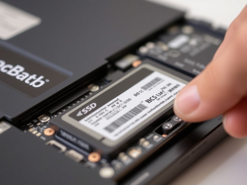 Close-up of an SSD being installed into a laptop