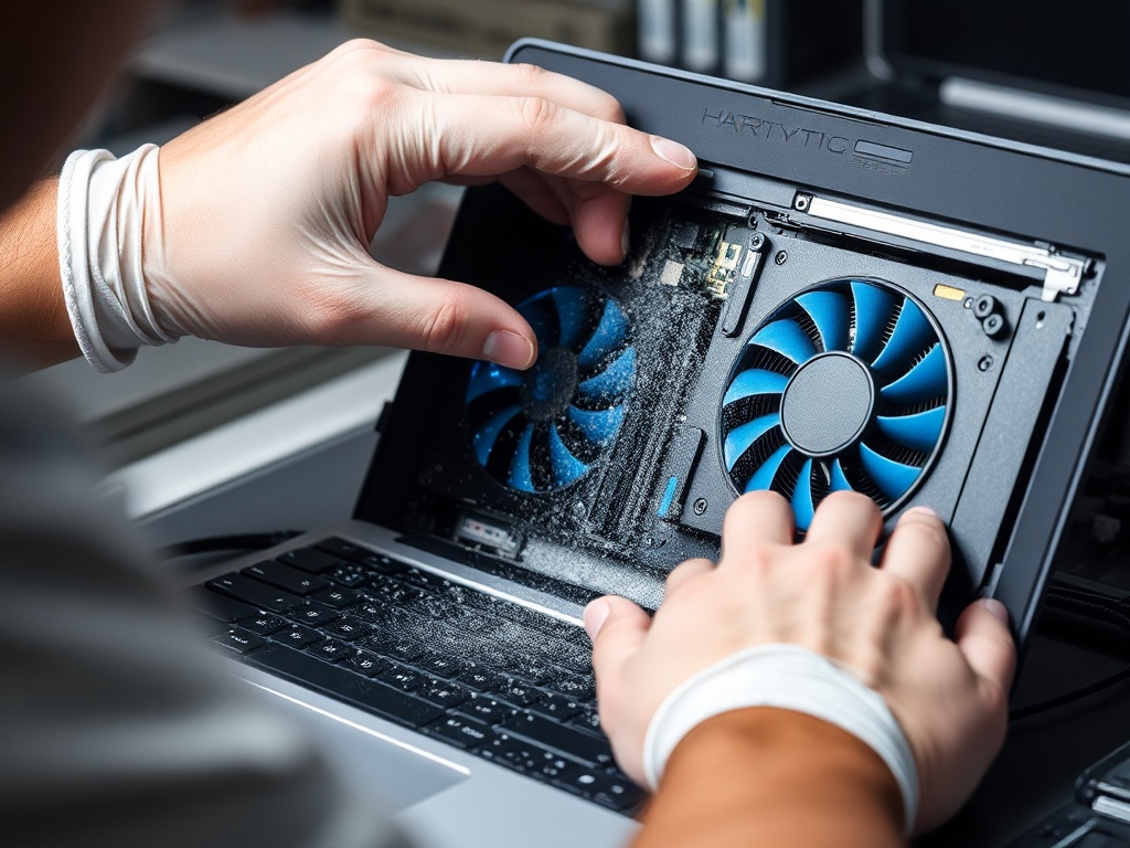 Technician cleaning out the cooling fans of a laptop