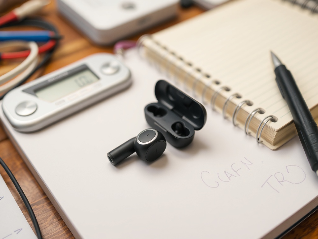 Close-up of wireless earbuds on a cluttered desk with a digital scale and test notebook