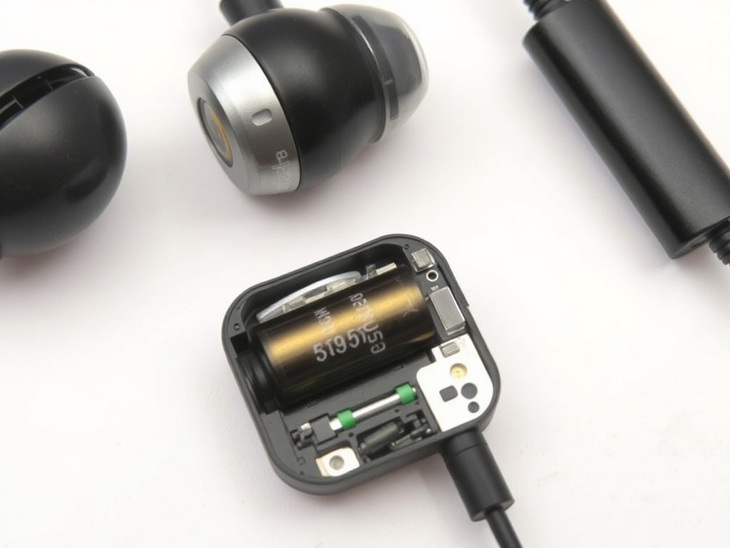 Disassembled earbuds showing battery and internal components for repair