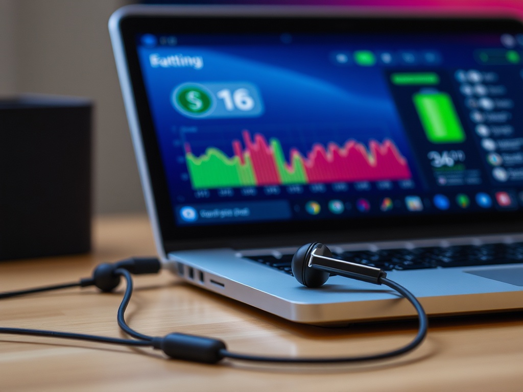 Earbuds connected to a laptop with battery usage charts on screen