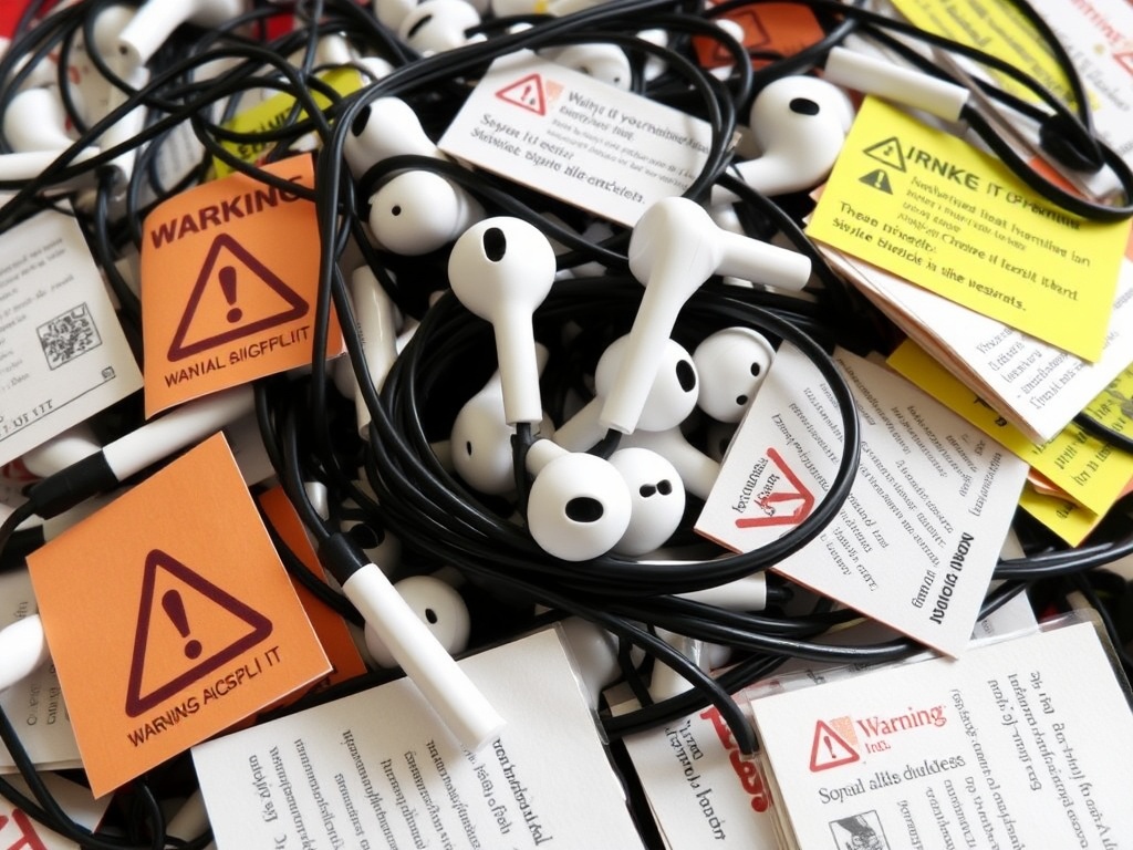 Earbuds in a 'Skip It' pile with warning labels and notes