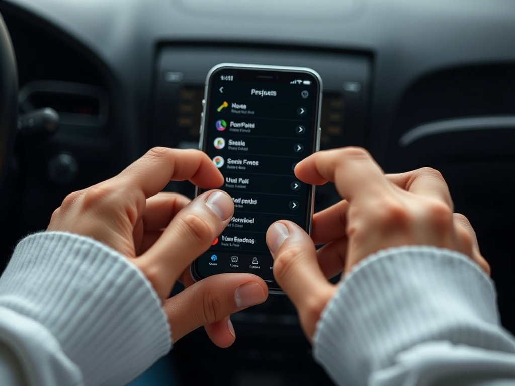 Hands interacting with earbuds touch controls, showing app interface with nested menus