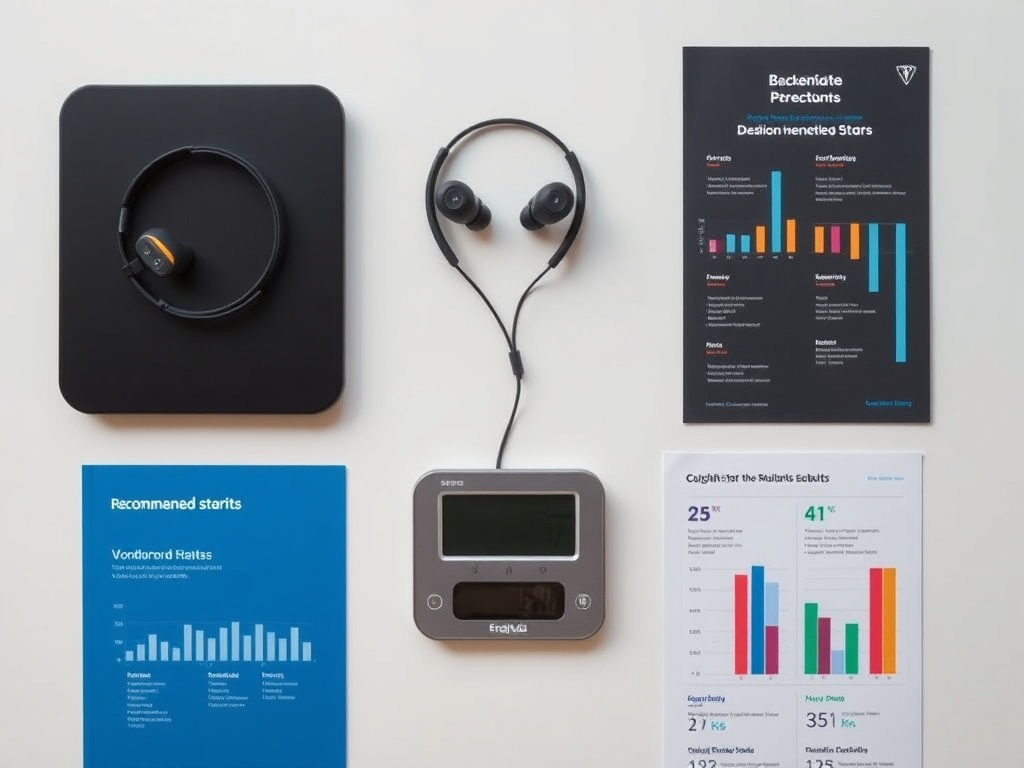 Top-down shot of recommended earbuds, digital scale, and benchmark charts on desk