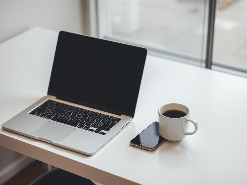 a minimalistic laptop setup with a coffee cup and phone