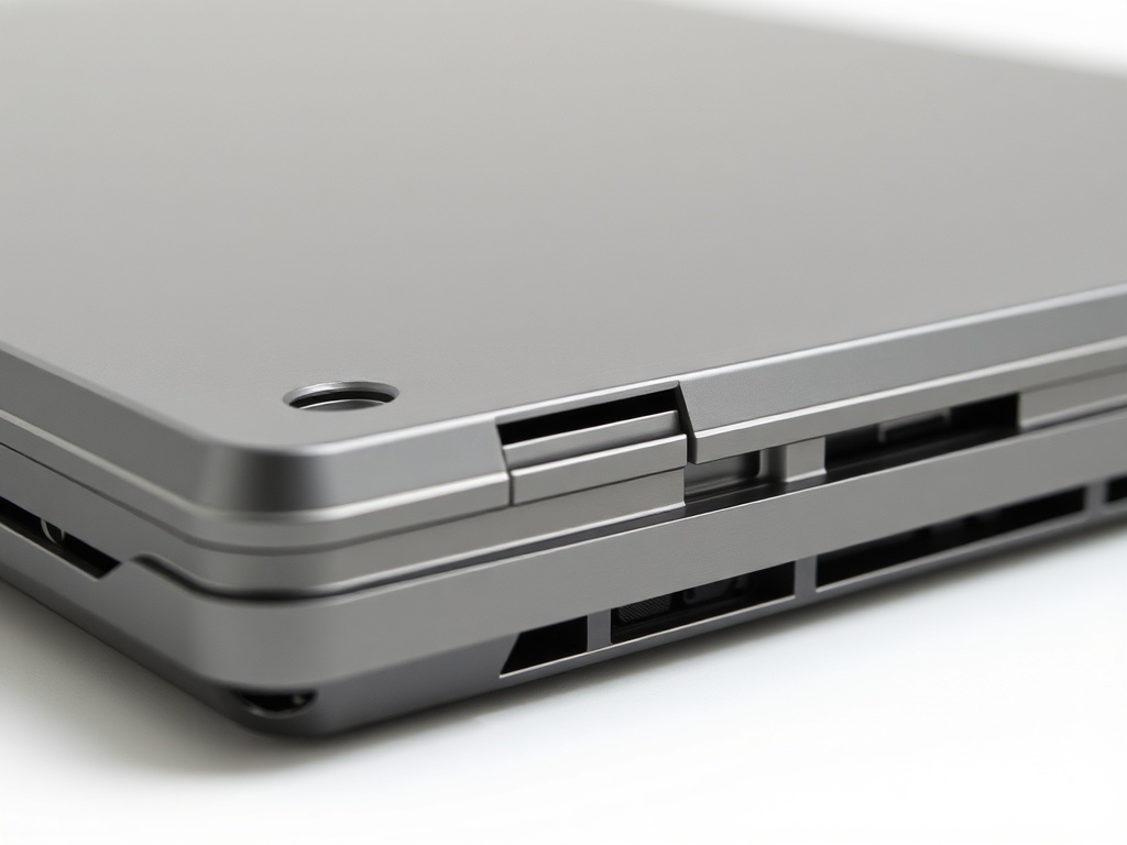 close-up of a durable laptop chassis with high-quality metal finish and structural details