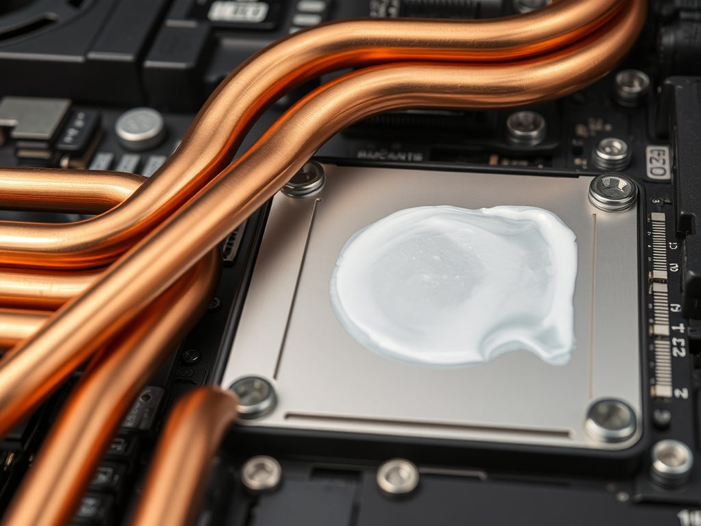 close-up of copper heat pipes and vapor chamber inside a laptop with visible screws and thermal paste