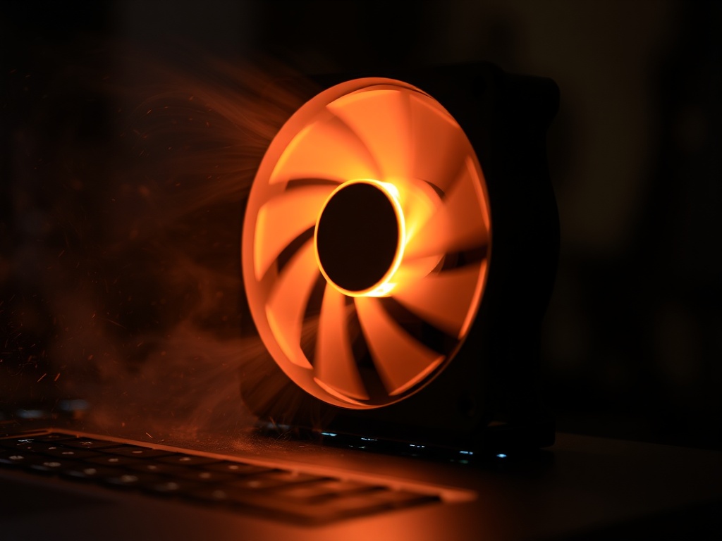 laptop cooling fan spinning with visible airflow dust particles under dramatic lighting