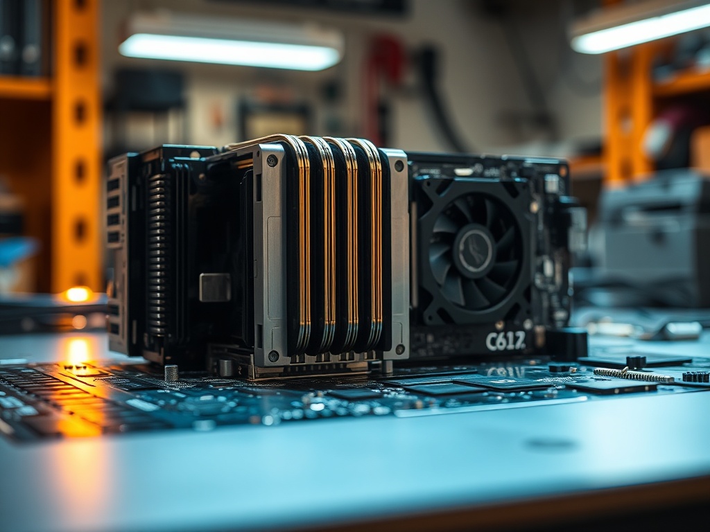macro shot of laptop motherboard with heat pipes and cooling system exposed under bright workbench lighting