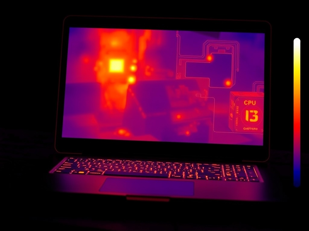 thermal camera view of a laptop showing bright hotspots near CPU and cooling vents glowing red and orange