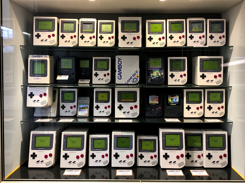 A Gameboy collection displayed inside a showcase, with labels for each item and UV protection glass.