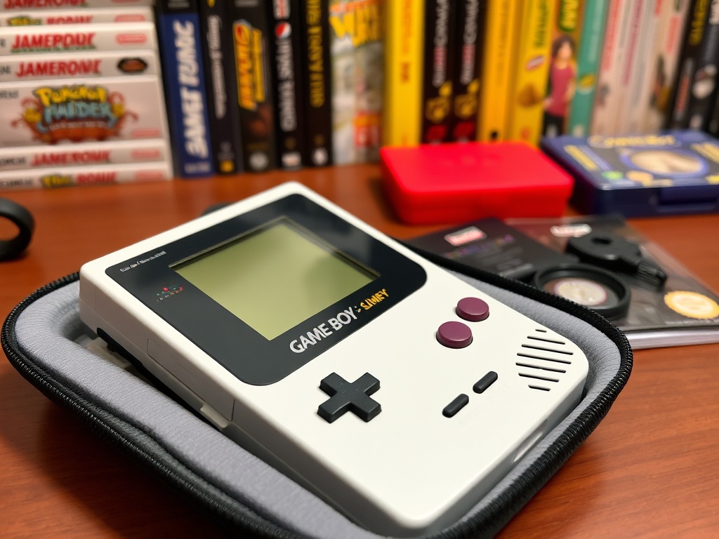 A Gameboy console stored in a protective case, with games and accessories neatly organized in the background.