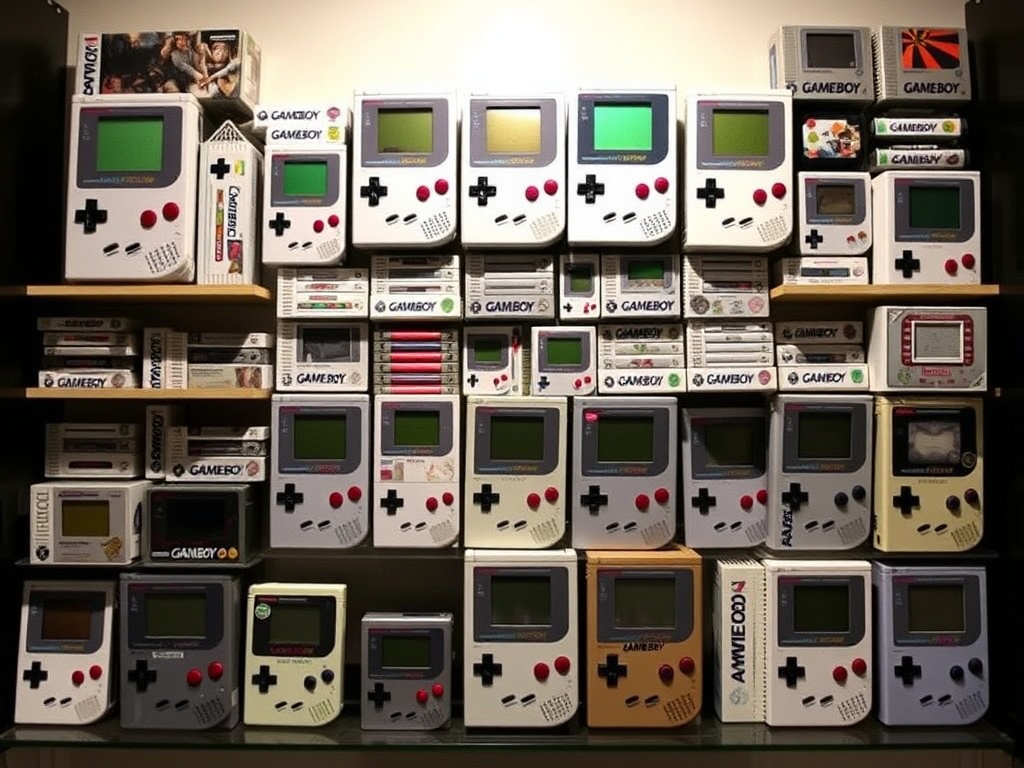 A well-organized display of Gameboy collectibles in pristine condition.
